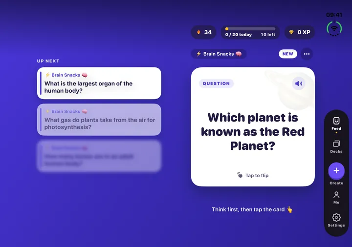 Flash Feed on an open iPhone Duo: the card being studied on the right page, the next questions on the left