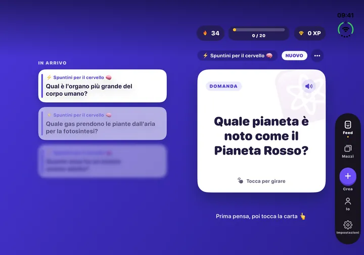 Flash Feed su un iPhone Duo aperto: la carta in studio sulla pagina di destra, le prossime domande a sinistra