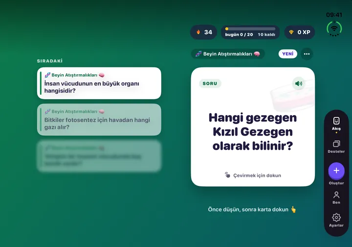 Açık bir iPhone Duo'da Flash Feed: çalışılan kart sağ sayfada, sıradaki sorular solda
