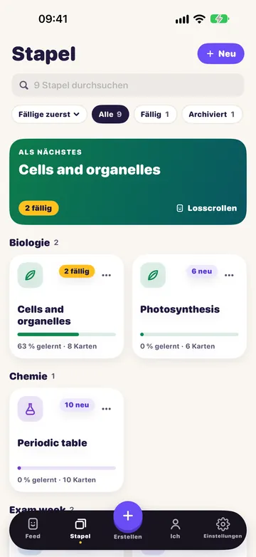 Der Bildschirm „Stapel“: deine Stapel, oben der nächste zum Lernen