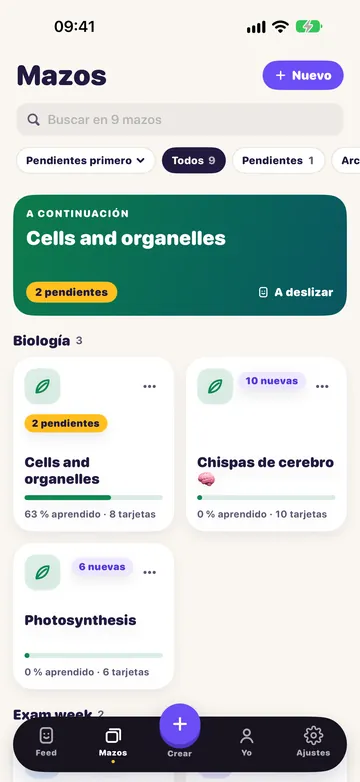 La pantalla Mazos: tus mazos, con el siguiente para estudiar arriba