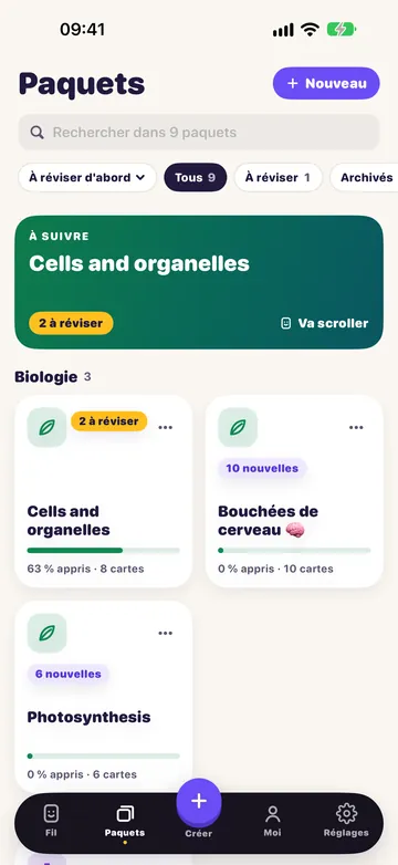L’écran Paquets : tes paquets, avec le prochain à réviser en haut