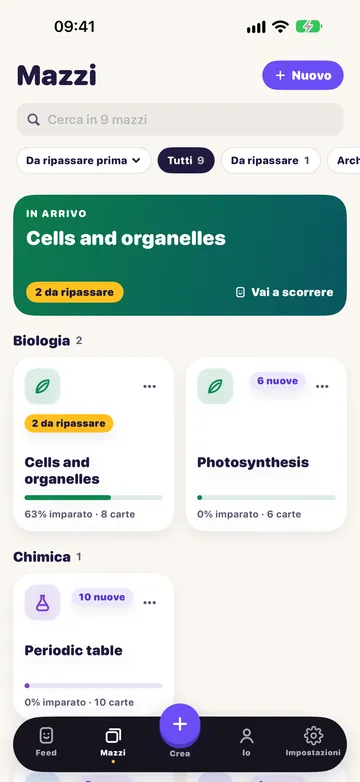 La schermata Mazzi: i tuoi mazzi, con il prossimo da studiare in alto
