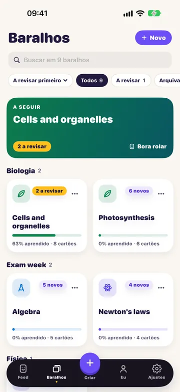 A tela Baralhos: seus baralhos, com o próximo a estudar no topo