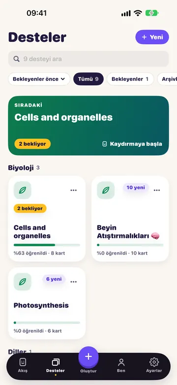 Desteler ekranı: destelerin ve en üstte sıradaki deste