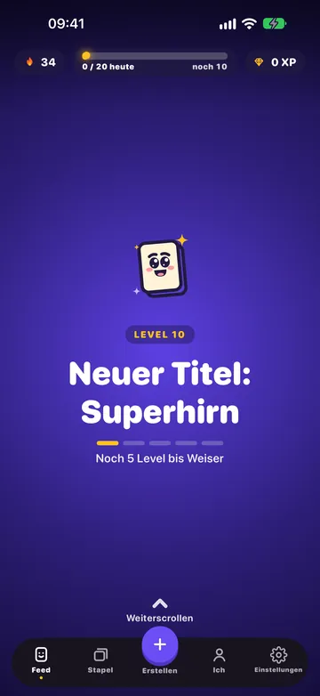Die Level-up-Seite: Level 10, „Neuer Titel: Superhirn“, mit dem jubelnden Maskottchen.