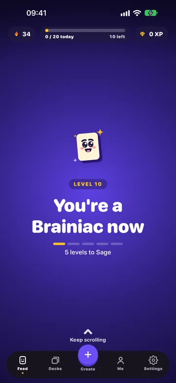 The level-up page: level 10, “You’re a Brainiac now”, with the mascot celebrating.