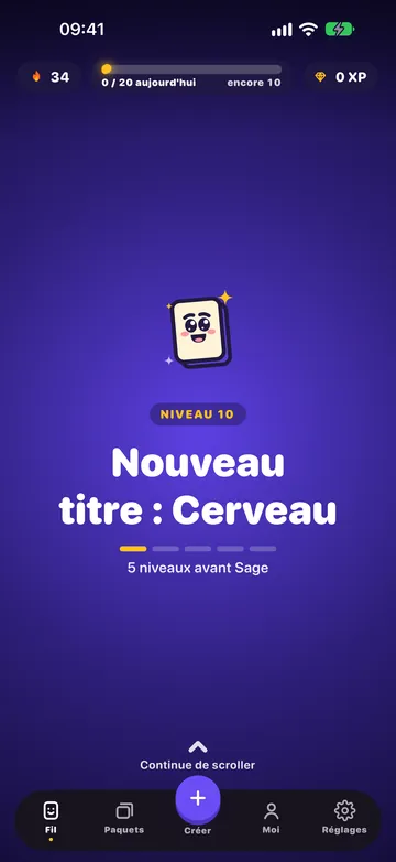 La page de passage de niveau : niveau 10, « Nouveau titre : Cerveau », avec la mascotte qui fête ça.