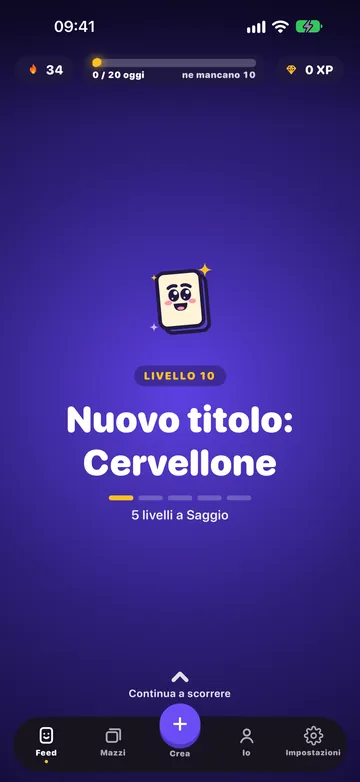 La pagina di passaggio di livello: livello 10, «Nuovo titolo: Cervellone», con la mascotte che festeggia.