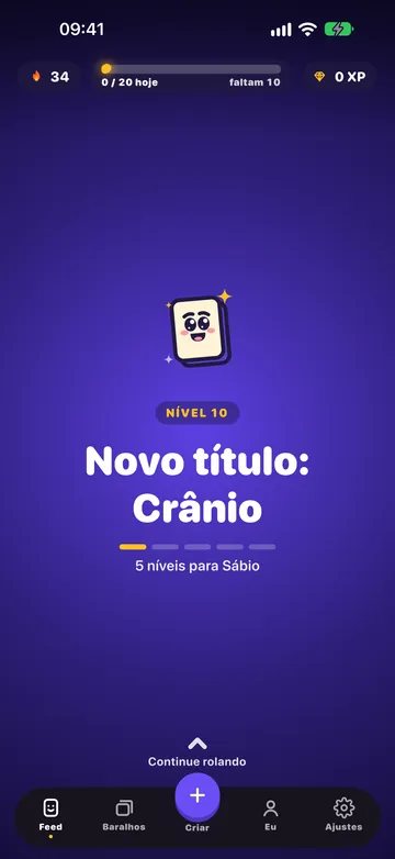 A tela de novo nível: nível 10, “Novo título: Crânio”, com a mascote comemorando.