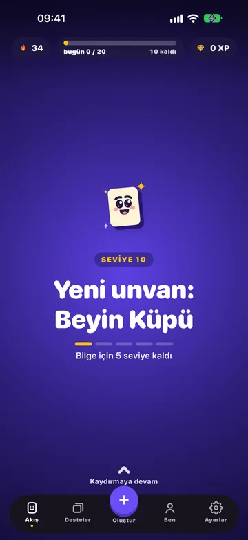 Seviye atlama sayfası: 10. seviye, “Yeni unvan: Beyin Küpü”, maskot kutluyor.